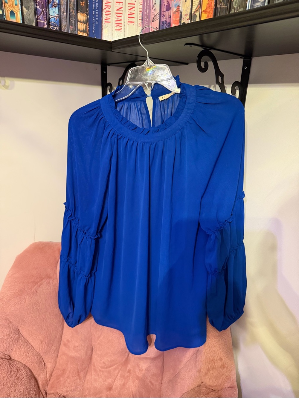 JODIFL Cobalt Blue Gathered Neck Long-Sleeve Blouse